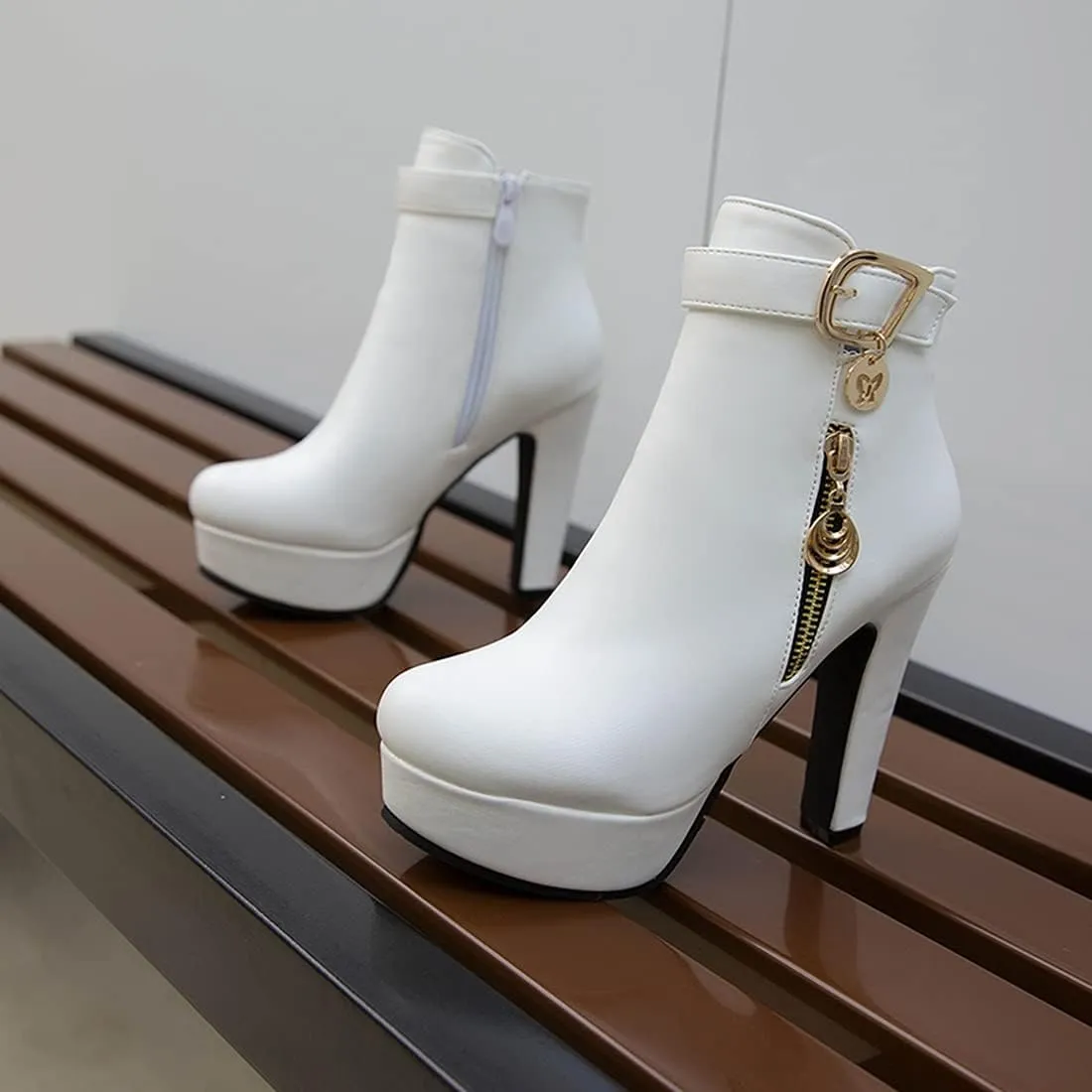 VOKLIN Women's Fashion Buckle Platform Block High Heel Ankle Boots Round Toe Side Zipper Dress Short Booties