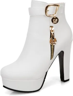 VOKLIN Women's Fashion Buckle Platform Block High Heel Ankle Boots Round Toe Side Zipper Dress Short Booties