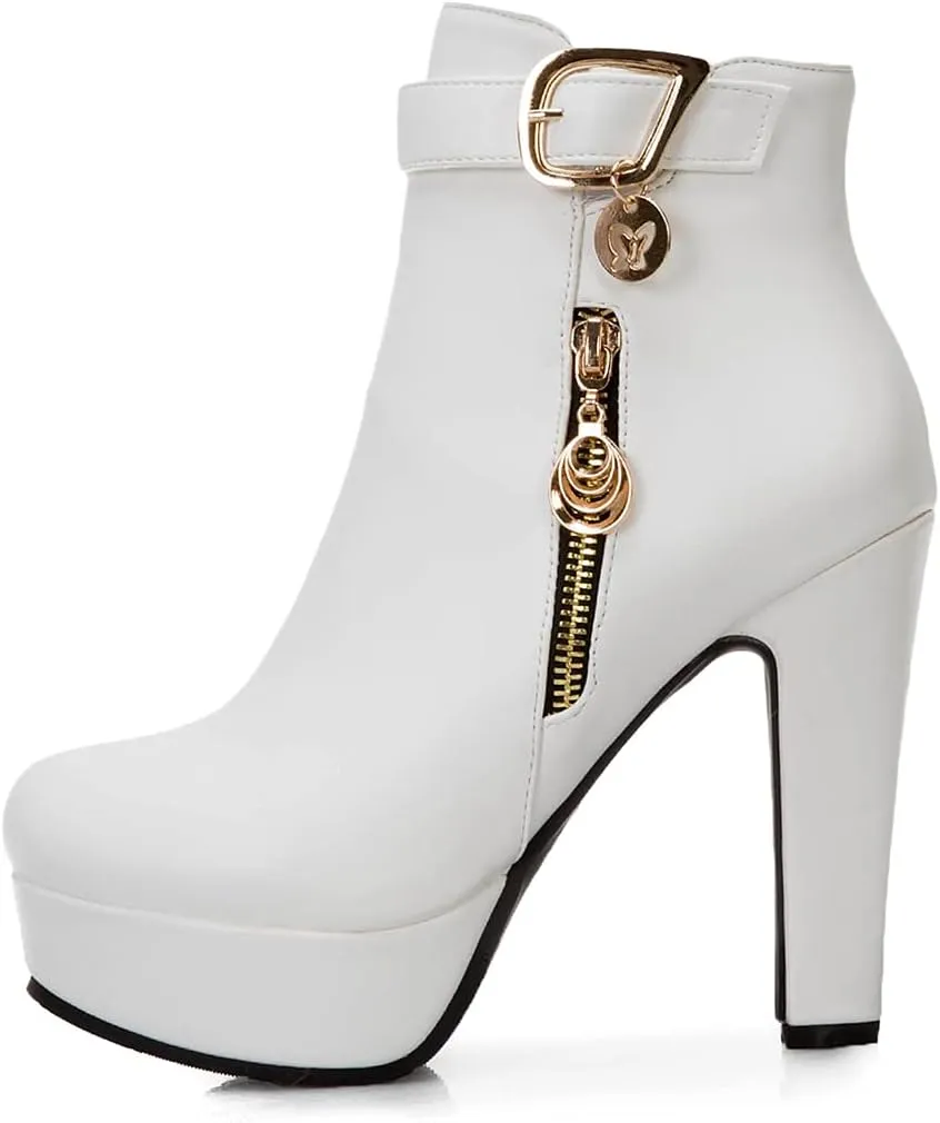 VOKLIN Women's Fashion Buckle Platform Block High Heel Ankle Boots Round Toe Side Zipper Dress Short Booties