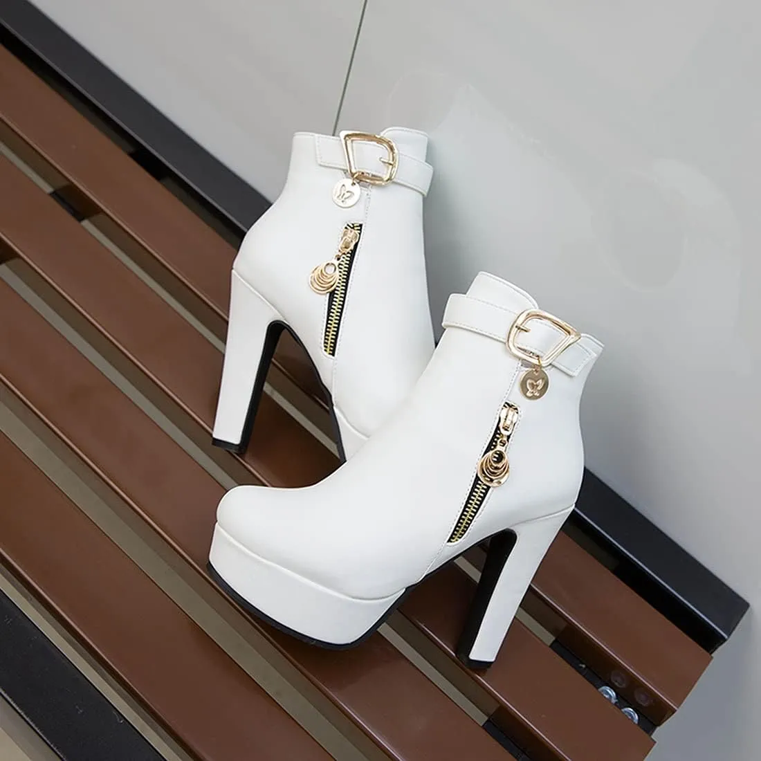 VOKLIN Women's Fashion Buckle Platform Block High Heel Ankle Boots Round Toe Side Zipper Dress Short Booties