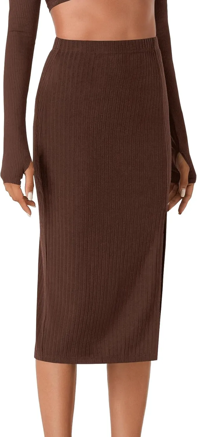 Vrtige Women's High Waist Stretchy Slit Slit Hem Ribbed Knit Bodycon Pencil Midi Skirt