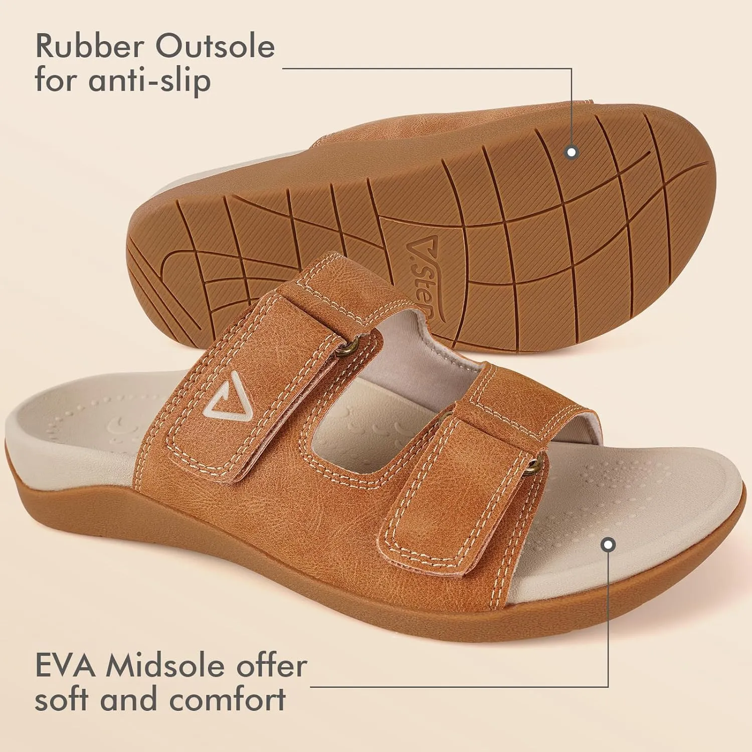 V.Step Orthopedic Slides with Arch Support for Women Men, Adjustable Orthotic Sandals for Plantar Fasciitis Pain Relief Indoor Outdoor Brown W8/M7