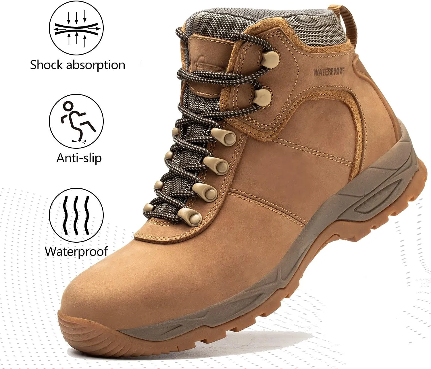 Waterproof Hiking Boots for Men, 6" Comfortable Soft Toe Shoes Mid Non Slip Hiking Shoes Outdoor Travel Shoes Leather Hiking Backpack Boots