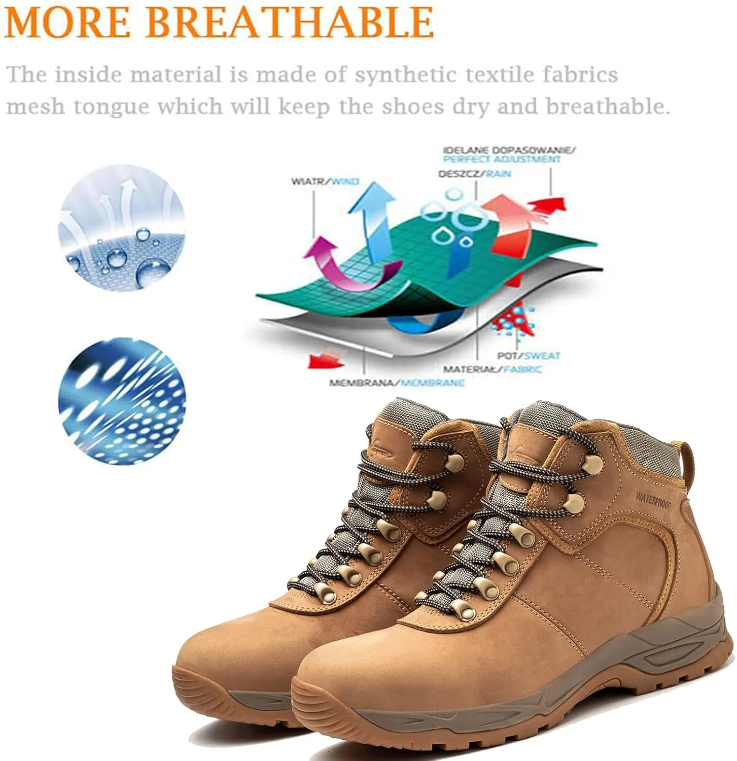 Waterproof Hiking Boots for Men, 6" Comfortable Soft Toe Shoes Mid Non Slip Hiking Shoes Outdoor Travel Shoes Leather Hiking Backpack Boots