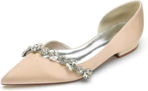 Wedding Shoes Women's Ballet Flats Satin Pointed Toe Slip on Flats Shoes Rhinestones Bride Women Shoes Dressy Comfort Loafers 2.5Cm