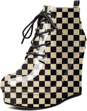 Wedge Ankle Boots Women's Platform Short Bootie Round Toe Lace up Wedge Heels Boots 4 Inch Warm Dress Boots for Party Evening Shoes