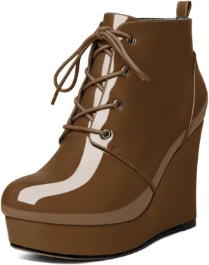 Wedge Ankle Boots Women's Platform Short Bootie Round Toe Lace up Wedge Heels Boots 4 Inch Warm Dress Boots for Party Evening Shoes
