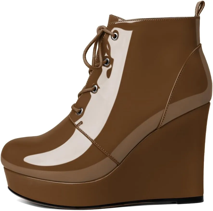 Wedge Ankle Boots Women's Platform Short Bootie Round Toe Lace up Wedge Heels Boots 4 Inch Warm Dress Boots for Party Evening Shoes