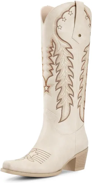 wetkiss Cowboy Boots for Women Knee High Cowgirl Boots Retro Embroidered Chunky Heels Pointed Toe Western Long Tall Boot Pull On