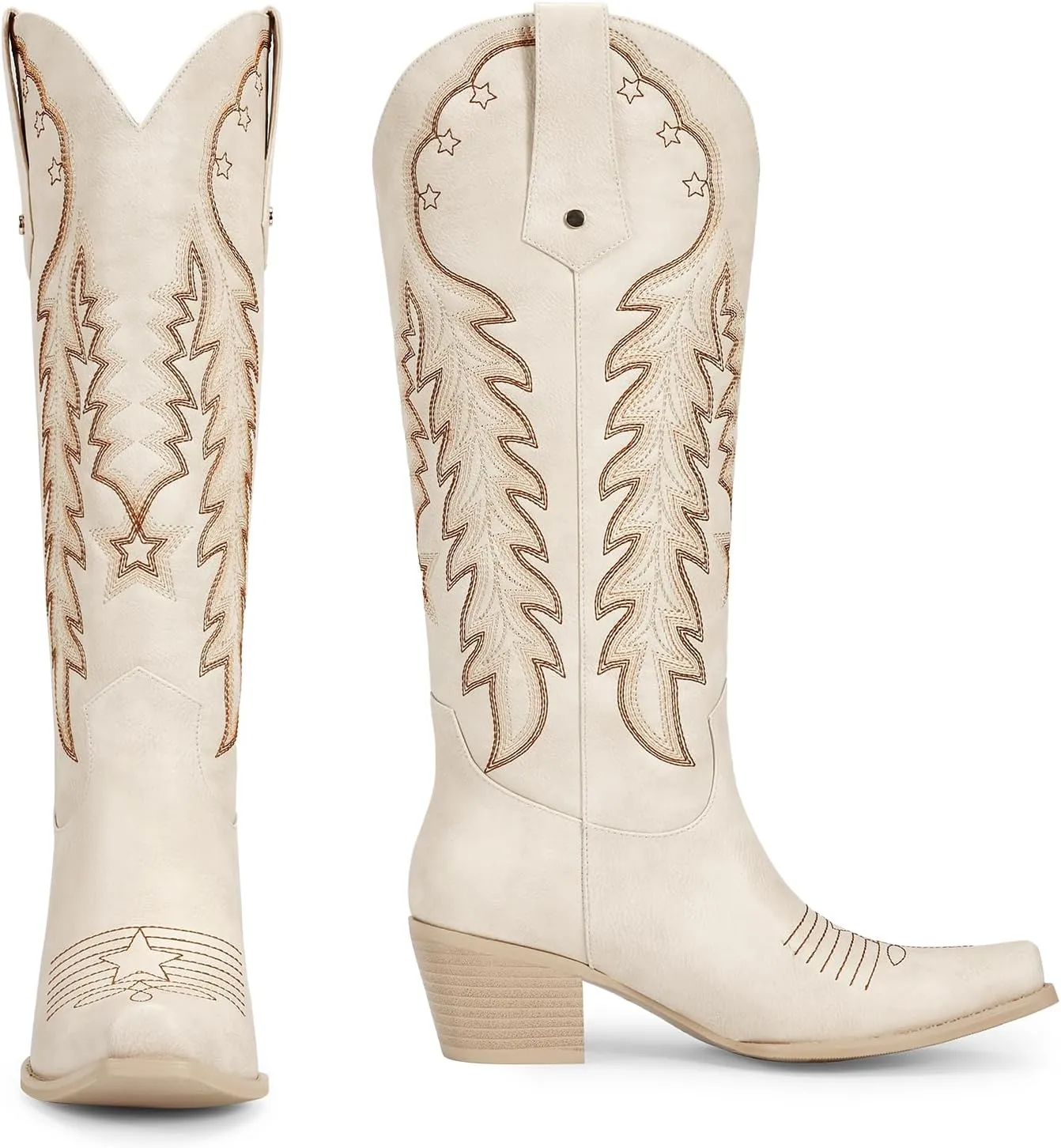 wetkiss Cowboy Boots for Women Knee High Cowgirl Boots Retro Embroidered Chunky Heels Pointed Toe Western Long Tall Boot Pull On