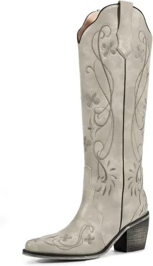 wetkiss Cowboy Boots for Women Knee High Cowgirl Boots, Western Boots with Floral Embroidered Pointed Toe Chunky Heel Pull On Retro Vintage Classic Tall Boots for Ladies