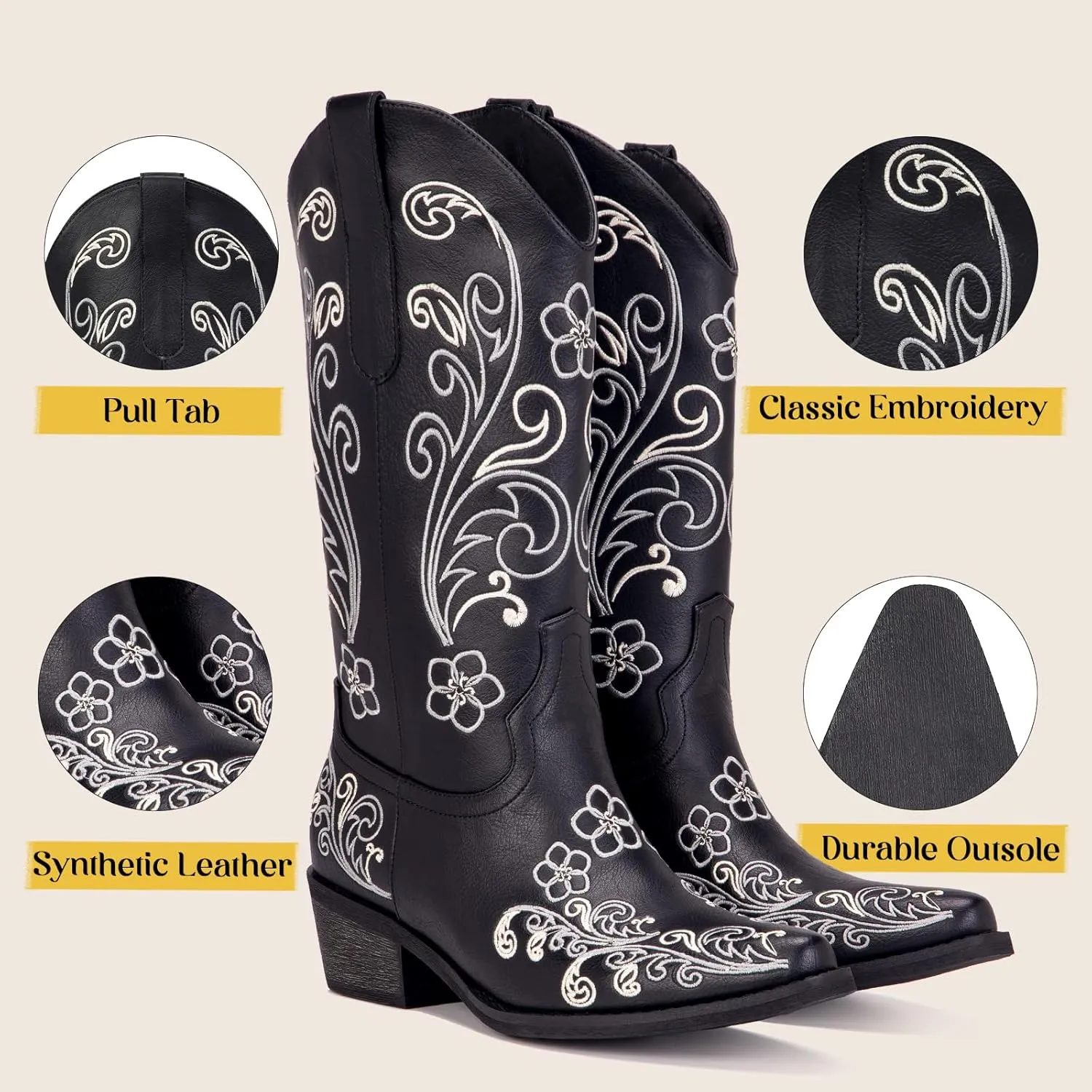 Wide Calf Cowboy Boots for Women Embroidered Cowgirl Boots Mid Calf Women's Western Cowboy Boots Fashion Pointy Toe Cowgirl Boots Pull on