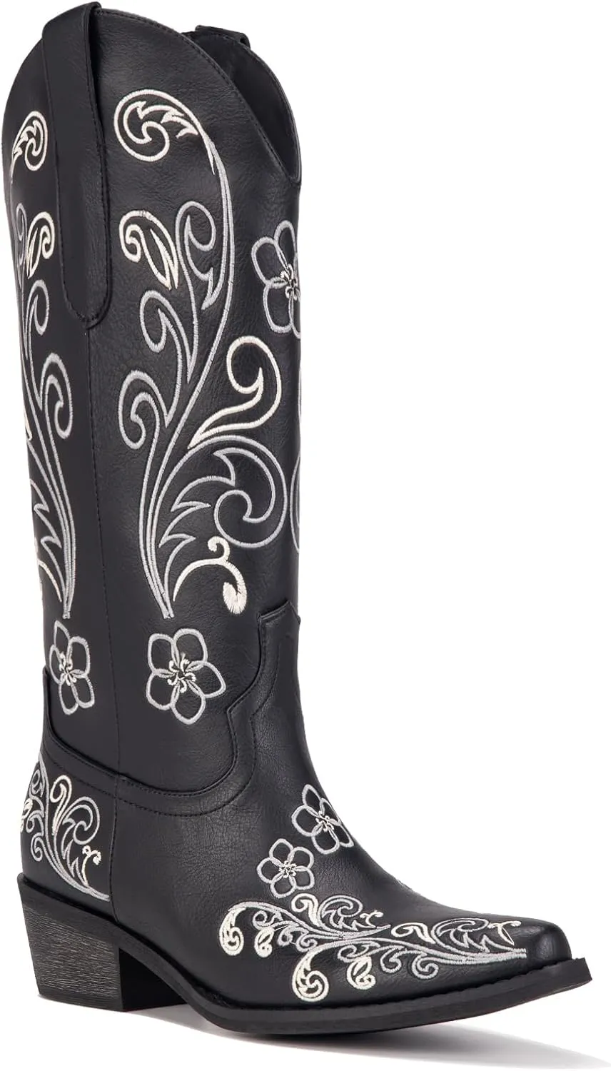 Wide Calf Cowboy Boots for Women Embroidered Cowgirl Boots Mid Calf Women's Western Cowboy Boots Fashion Pointy Toe Cowgirl Boots Pull on