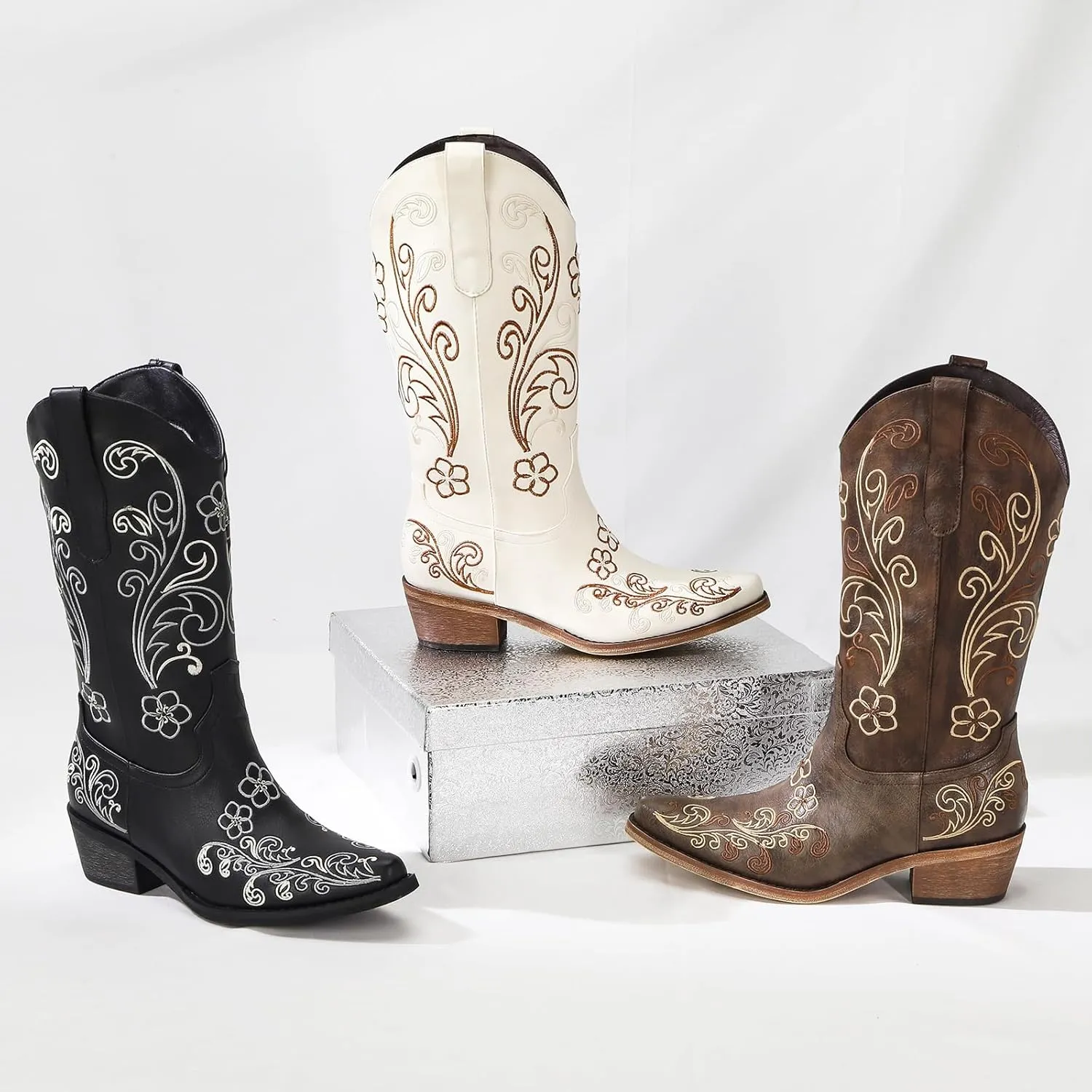 Wide Calf Cowboy Boots for Women Embroidered Cowgirl Boots Mid Calf Women's Western Cowboy Boots Fashion Pointy Toe Cowgirl Boots Pull on