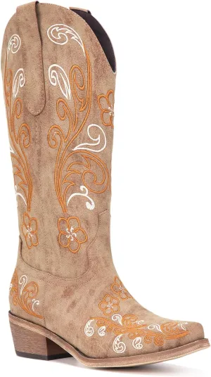 Wide Calf Cowboy Boots for Women Embroidered Cowgirl Boots Mid Calf Women's Western Cowboy Boots Fashion Pointy Toe Cowgirl Boots Pull on