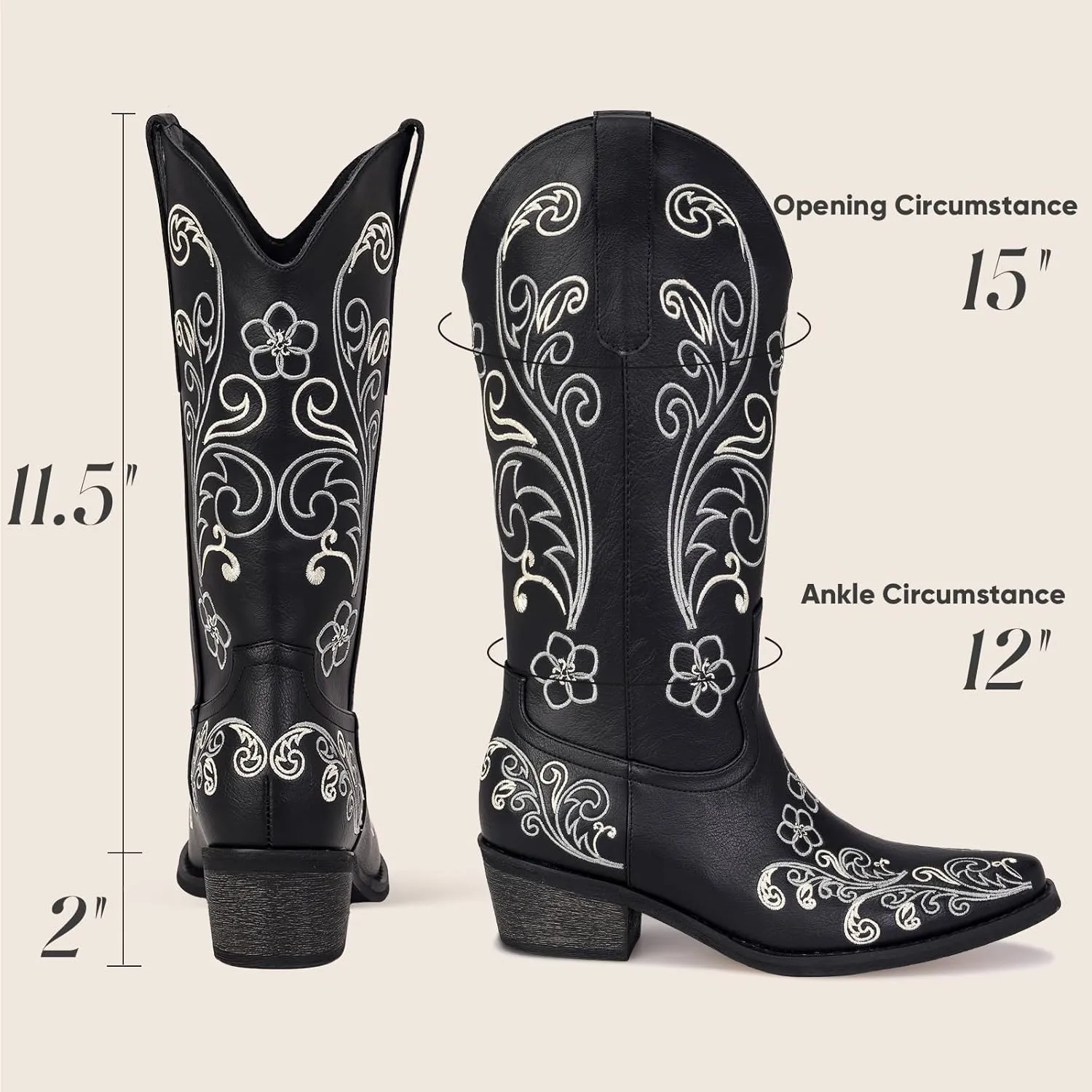 Wide Calf Cowboy Boots for Women Embroidered Cowgirl Boots Mid Calf Women's Western Cowboy Boots Fashion Pointy Toe Cowgirl Boots Pull on