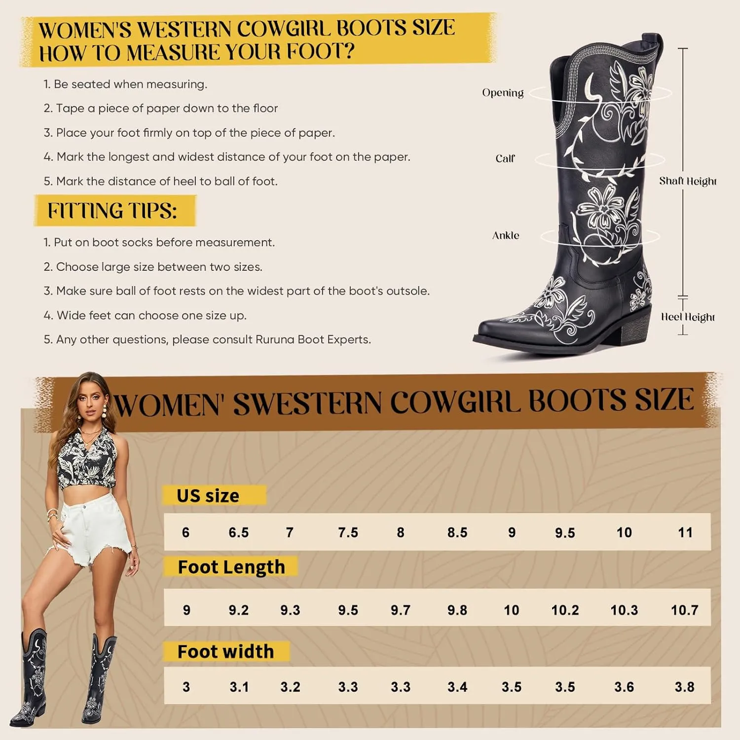 Wide Calf Cowboy Boots for Women Embroidered Cowgirl Boots Mid Calf Women's Western Cowboy Boots Fashion Pointy Toe Cowgirl Boots Pull on