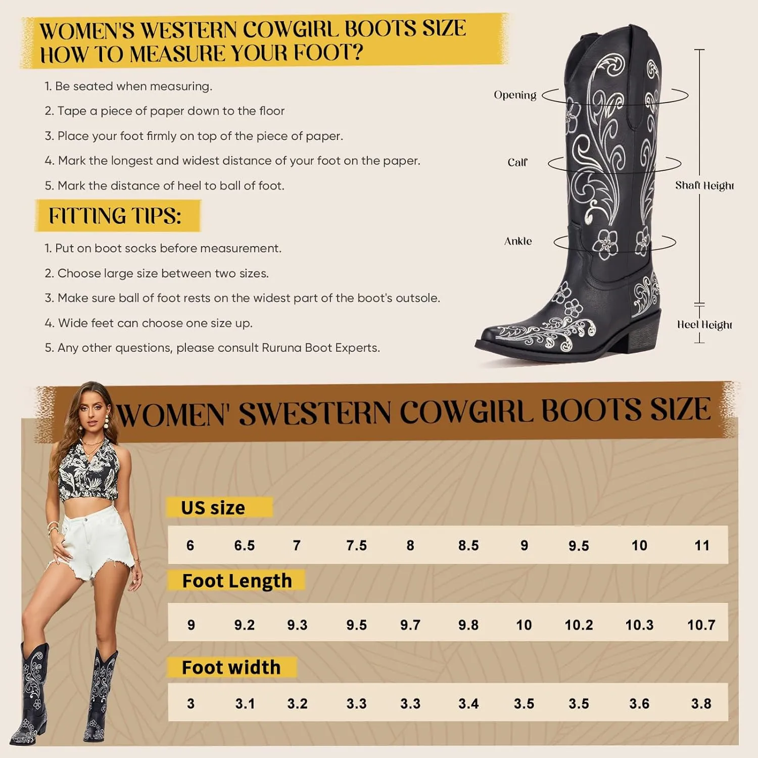Wide Calf Cowboy Boots for Women Embroidered Cowgirl Boots Mid Calf Women's Western Cowboy Boots Fashion Pointy Toe Cowgirl Boots Pull on