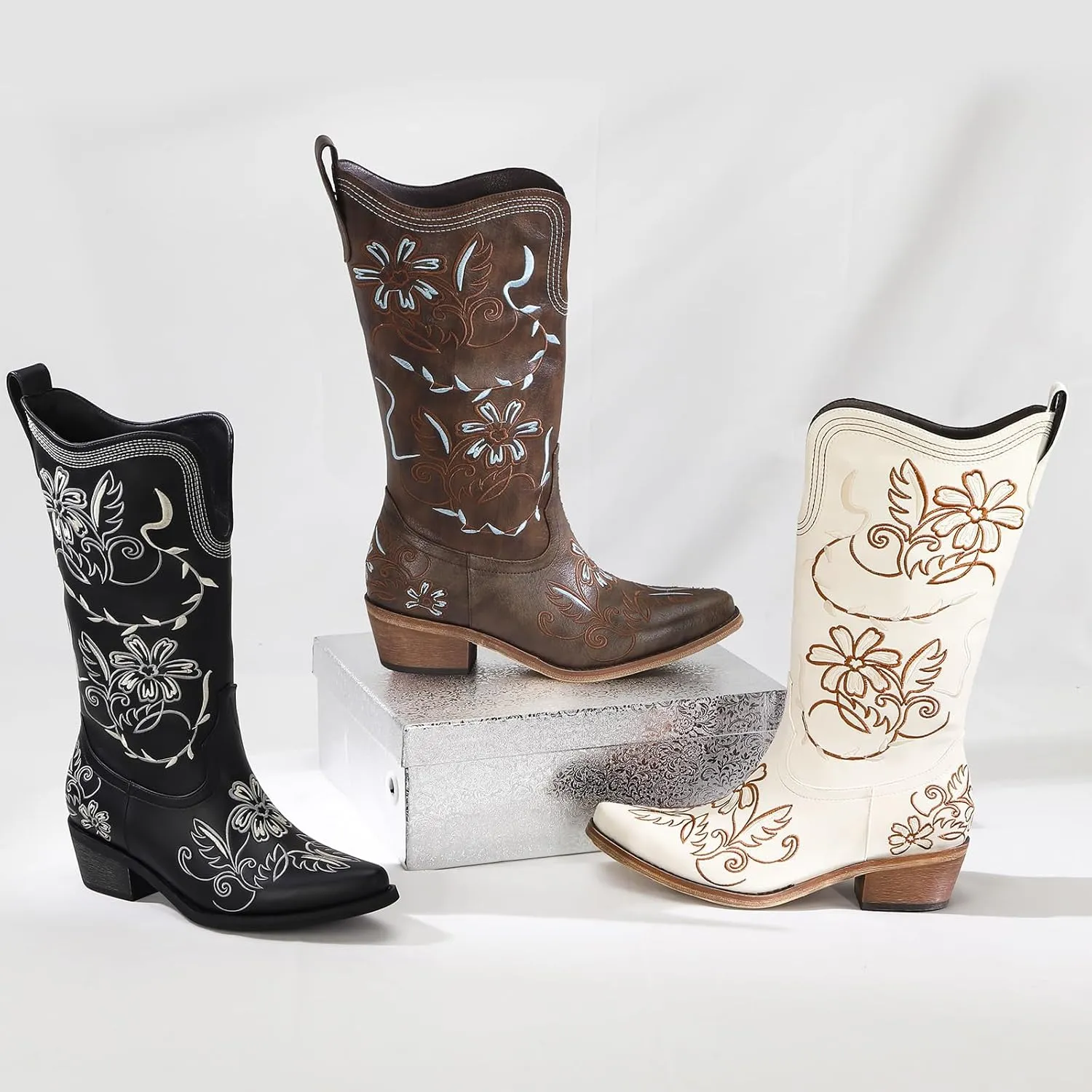 Wide Calf Cowboy Boots for Women Embroidered Cowgirl Boots Mid Calf Women's Western Cowboy Boots Fashion Pointy Toe Cowgirl Boots Pull on