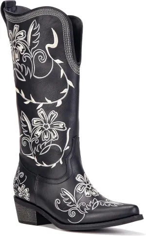 Wide Calf Cowboy Boots for Women Embroidered Cowgirl Boots Mid Calf Women's Western Cowboy Boots Fashion Pointy Toe Cowgirl Boots Pull on