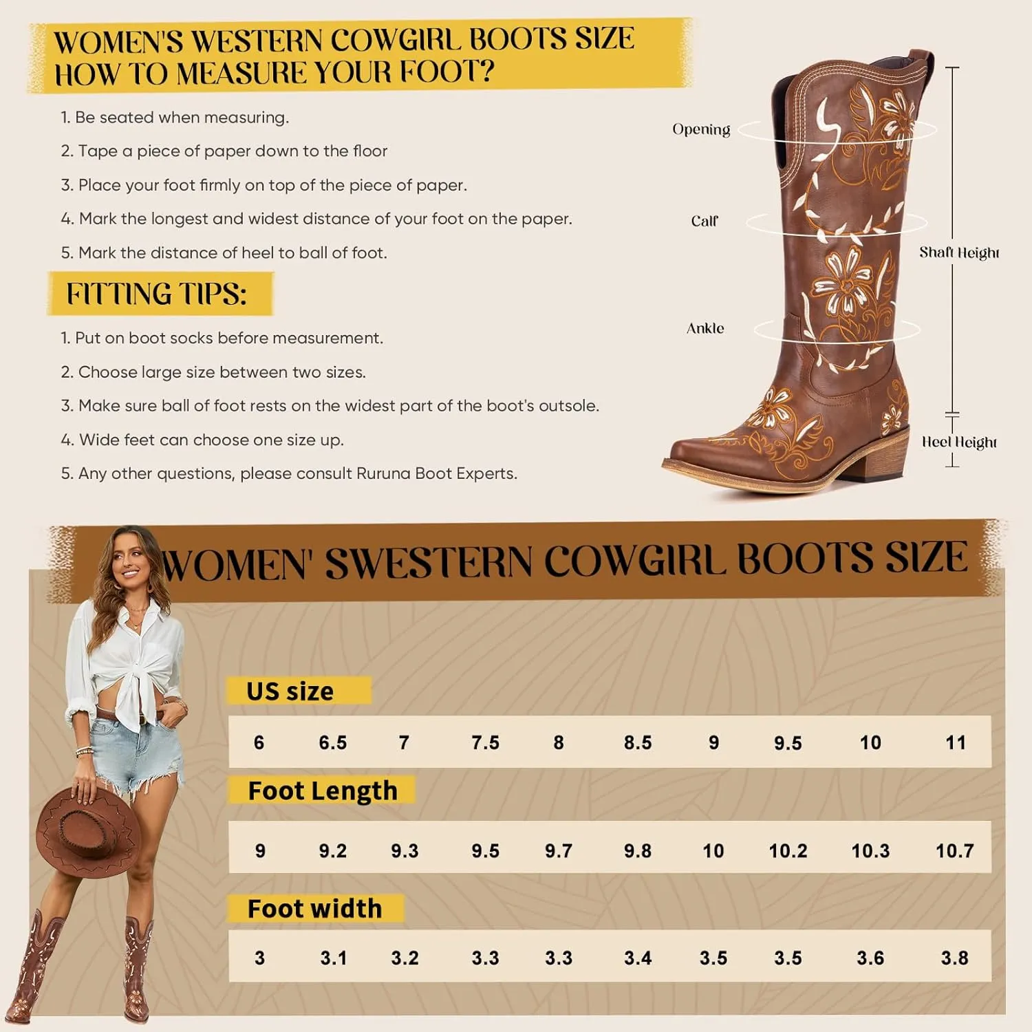 Wide Calf Cowboy Boots for Women Embroidered Cowgirl Boots Mid Calf Women's Western Cowboy Boots Fashion Pointy Toe Cowgirl Boots Pull on