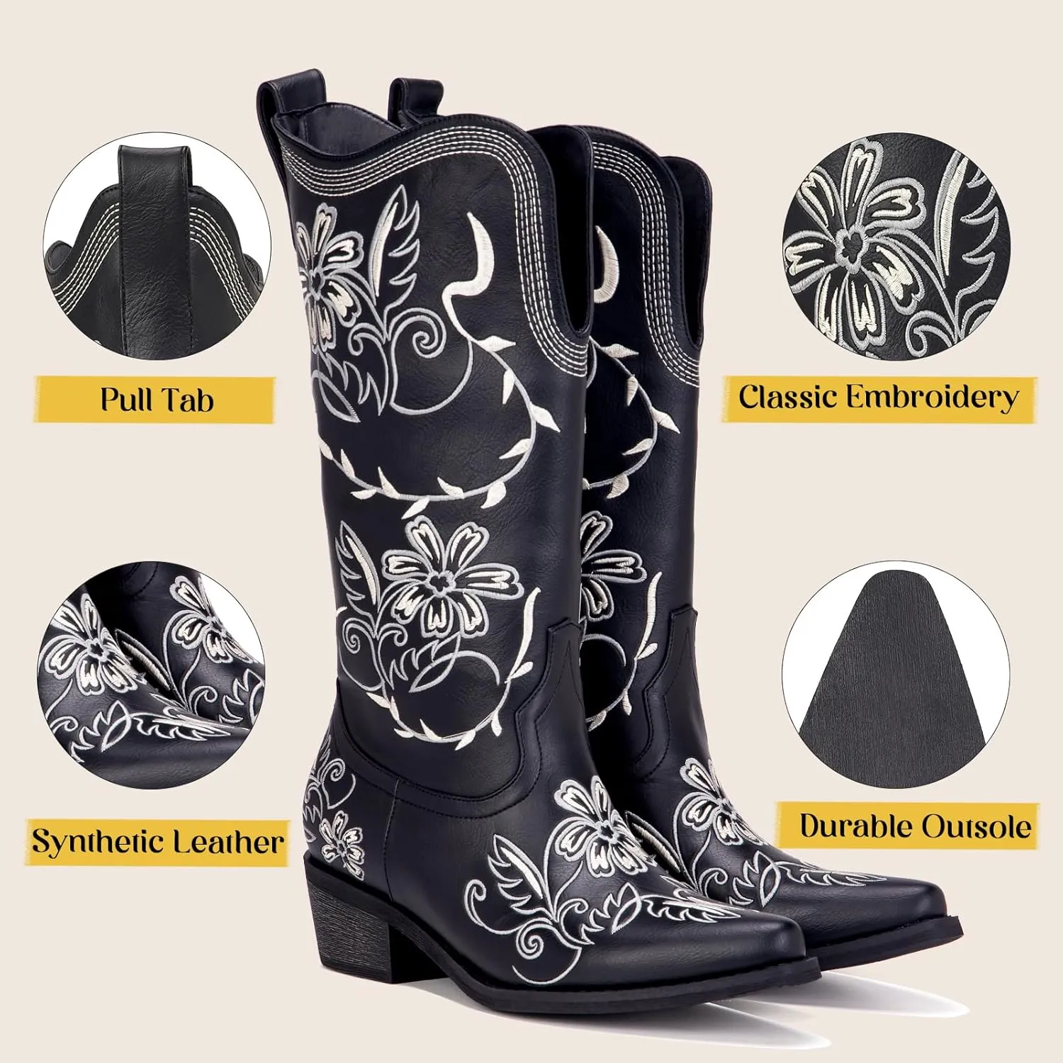 Wide Calf Cowboy Boots for Women Embroidered Cowgirl Boots Mid Calf Women's Western Cowboy Boots Fashion Pointy Toe Cowgirl Boots Pull on