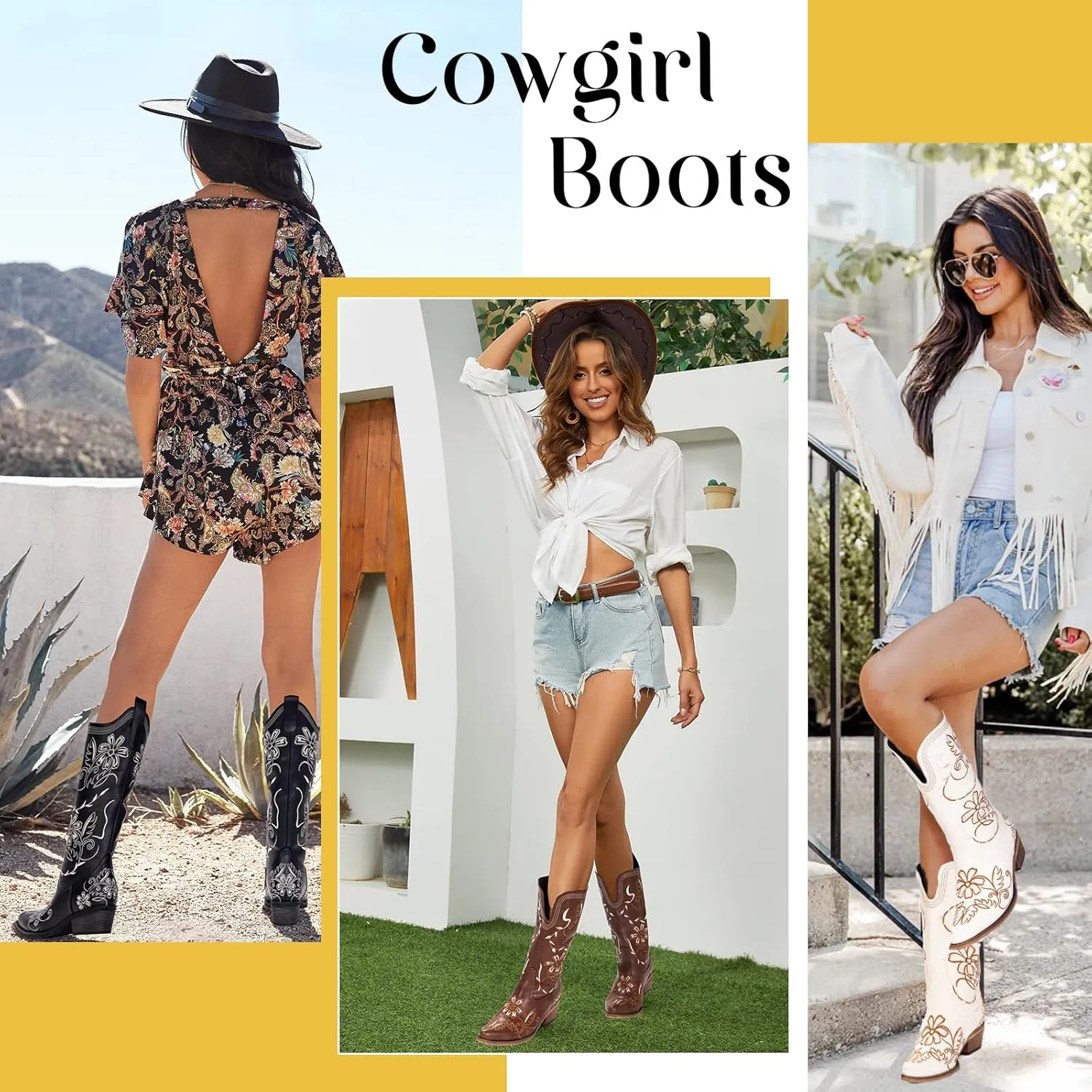 Wide Calf Cowboy Boots for Women Embroidered Cowgirl Boots Mid Calf Women's Western Cowboy Boots Fashion Pointy Toe Cowgirl Boots Pull on