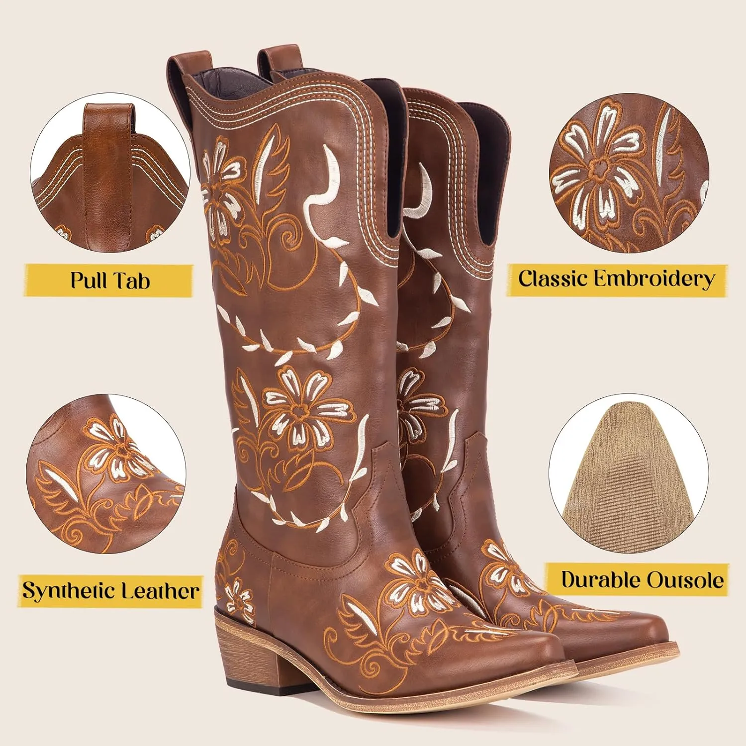 Wide Calf Cowboy Boots for Women Embroidered Cowgirl Boots Mid Calf Women's Western Cowboy Boots Fashion Pointy Toe Cowgirl Boots Pull on