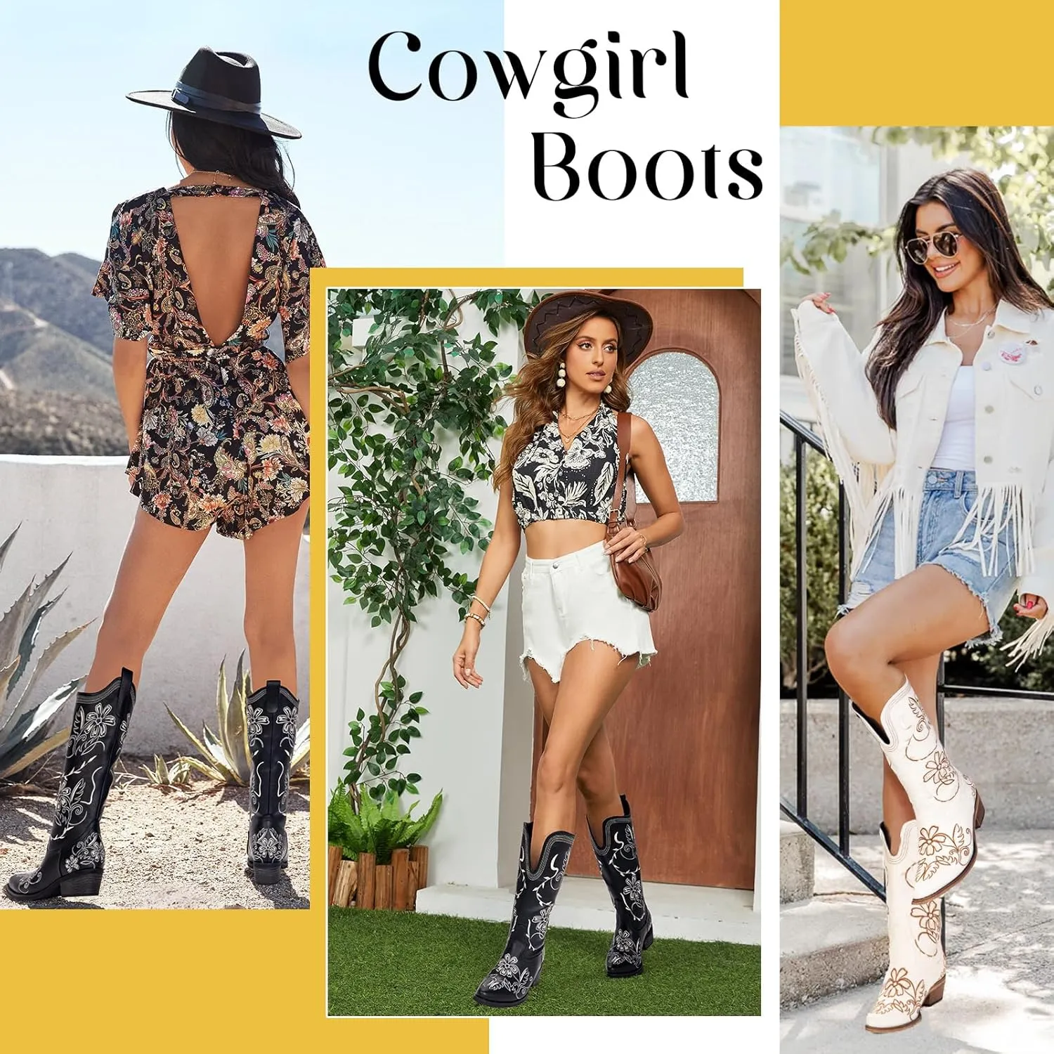Wide Calf Cowboy Boots for Women Embroidered Cowgirl Boots Mid Calf Women's Western Cowboy Boots Fashion Pointy Toe Cowgirl Boots Pull on