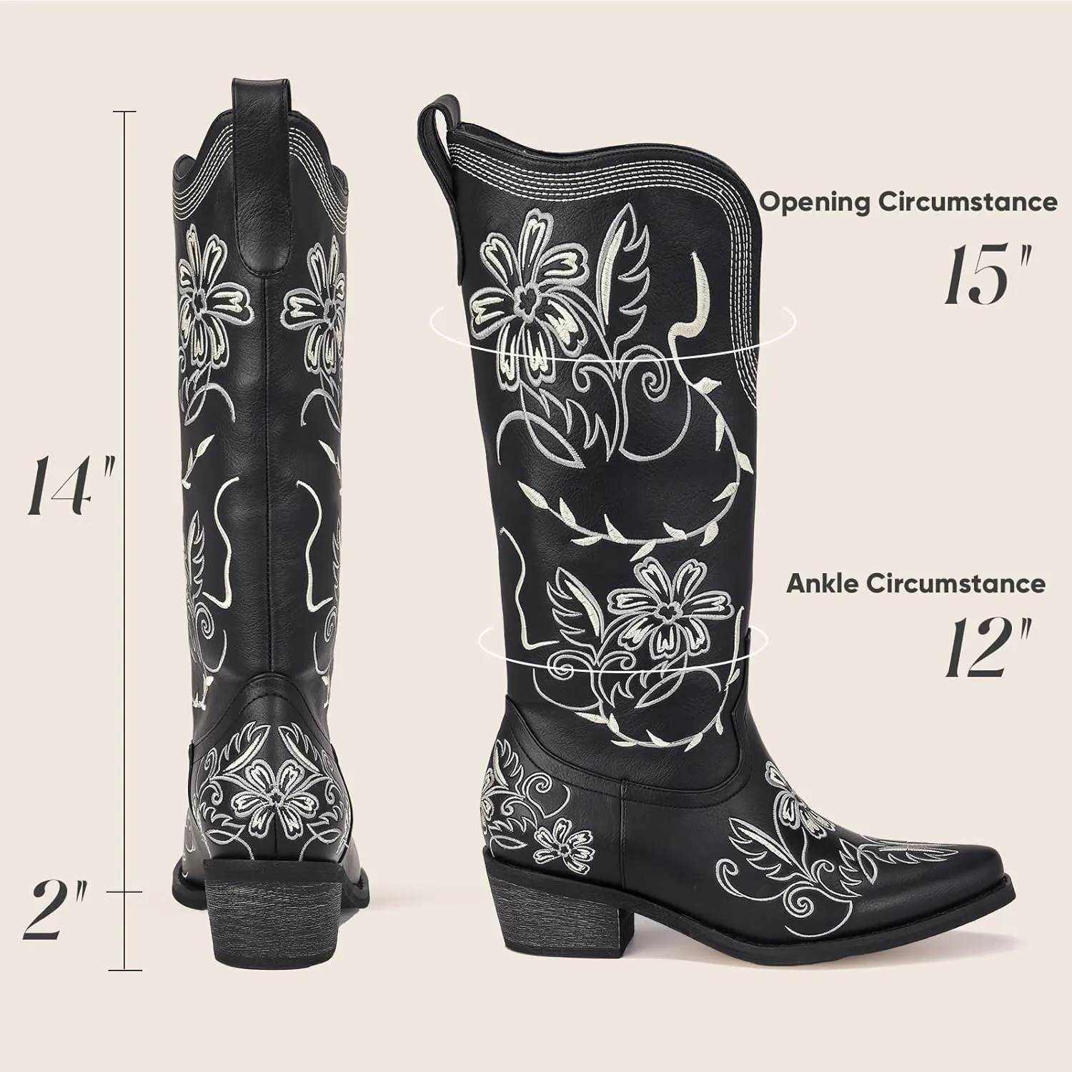Wide Calf Cowboy Boots for Women Embroidered Cowgirl Boots Mid Calf Women's Western Cowboy Boots Fashion Pointy Toe Cowgirl Boots Pull on