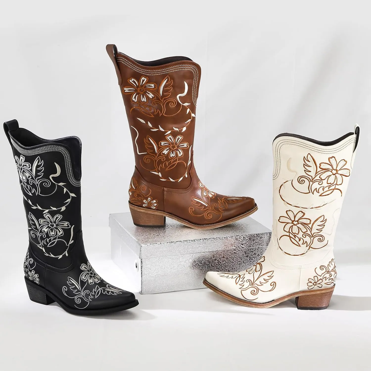 Wide Calf Cowboy Boots for Women Embroidered Cowgirl Boots Mid Calf Women's Western Cowboy Boots Fashion Pointy Toe Cowgirl Boots Pull on