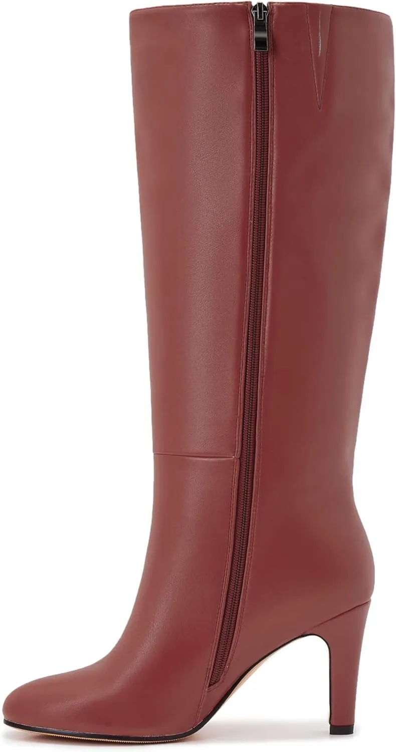 Wide Calf Knee High Boots For Women Leather Plus Size Tall Kitten Heel Boots Round Toe Side Zipper