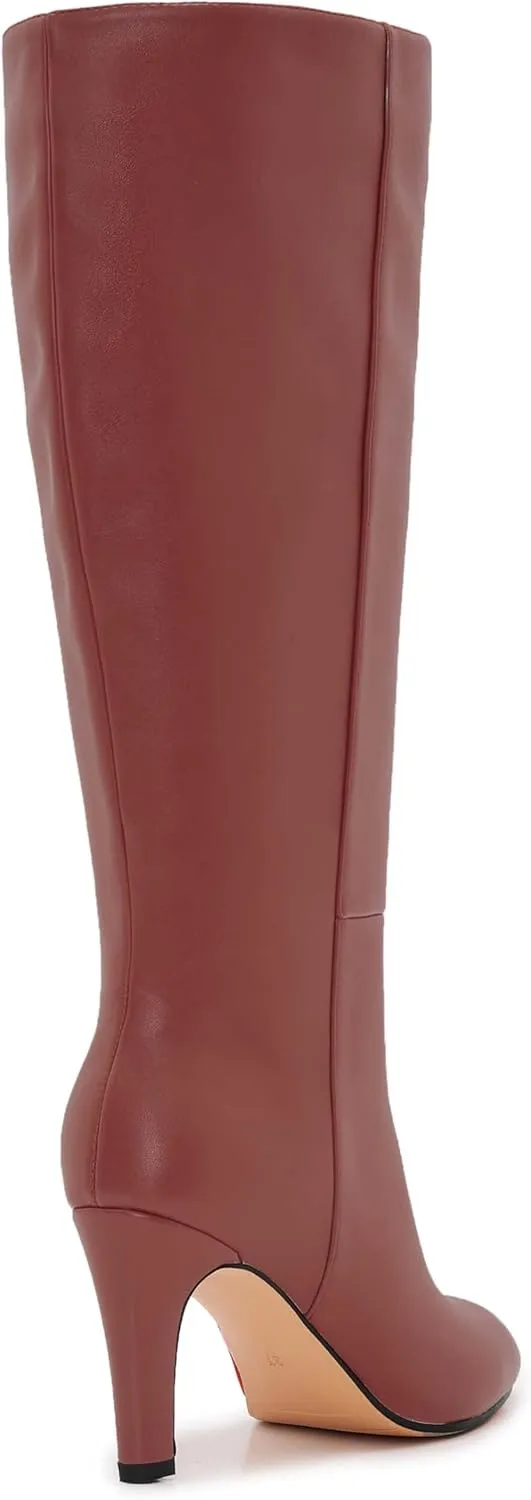 Wide Calf Knee High Boots For Women Leather Plus Size Tall Kitten Heel Boots Round Toe Side Zipper