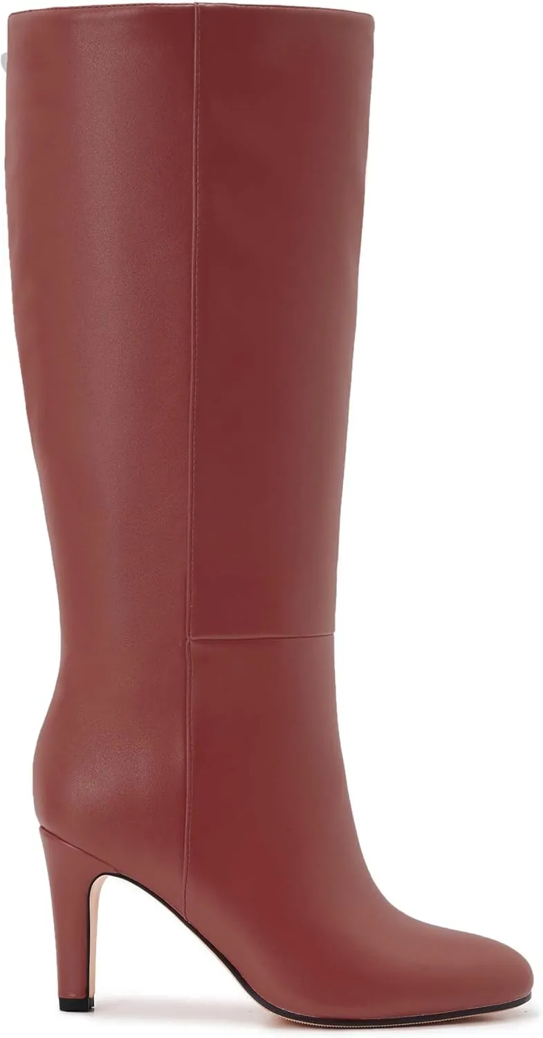Wide Calf Knee High Boots For Women Leather Plus Size Tall Kitten Heel Boots Round Toe Side Zipper