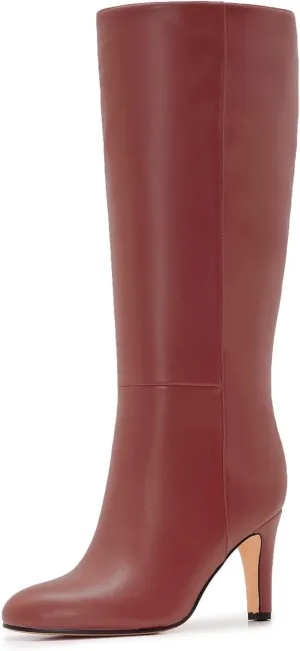 Wide Calf Knee High Boots For Women Leather Plus Size Tall Kitten Heel Boots Round Toe Side Zipper