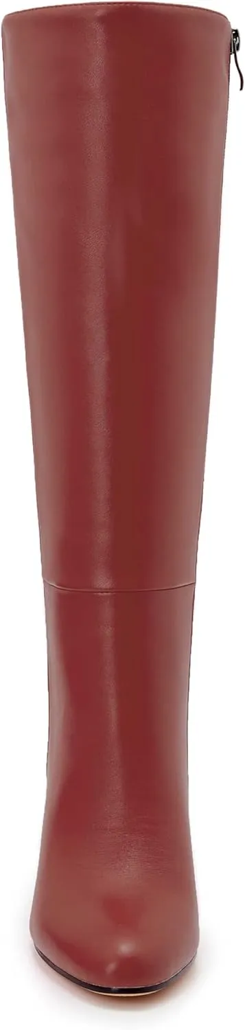 Wide Calf Knee High Boots For Women Leather Plus Size Tall Kitten Heel Boots Round Toe Side Zipper