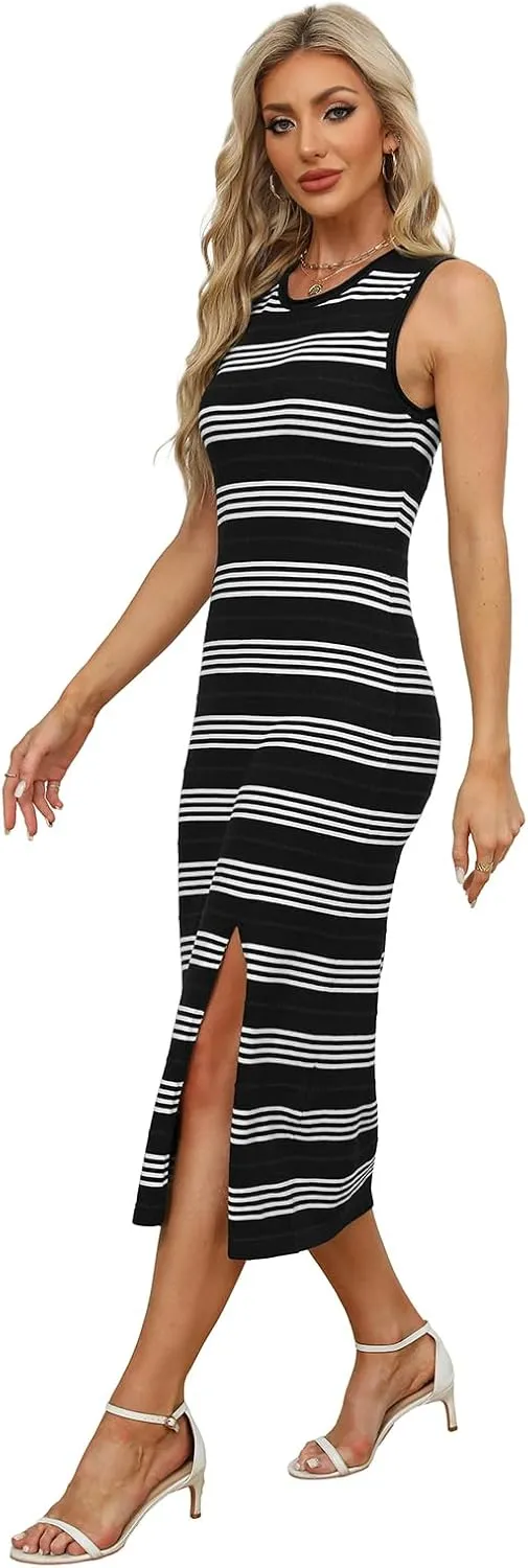 WIHOLL Womens Bodycon Summer Casual Midi Sundress Sleeveless Cute Hollow Out Knit Side Slit Striped Long Tank Dress