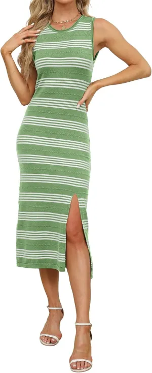 WIHOLL Womens Bodycon Summer Casual Midi Sundress Sleeveless Cute Hollow Out Knit Side Slit Striped Long Tank Dress