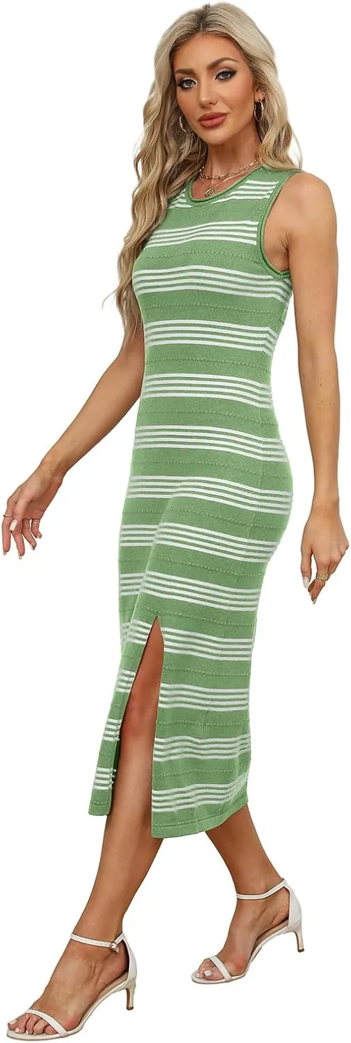 WIHOLL Womens Bodycon Summer Casual Midi Sundress Sleeveless Cute Hollow Out Knit Side Slit Striped Long Tank Dress