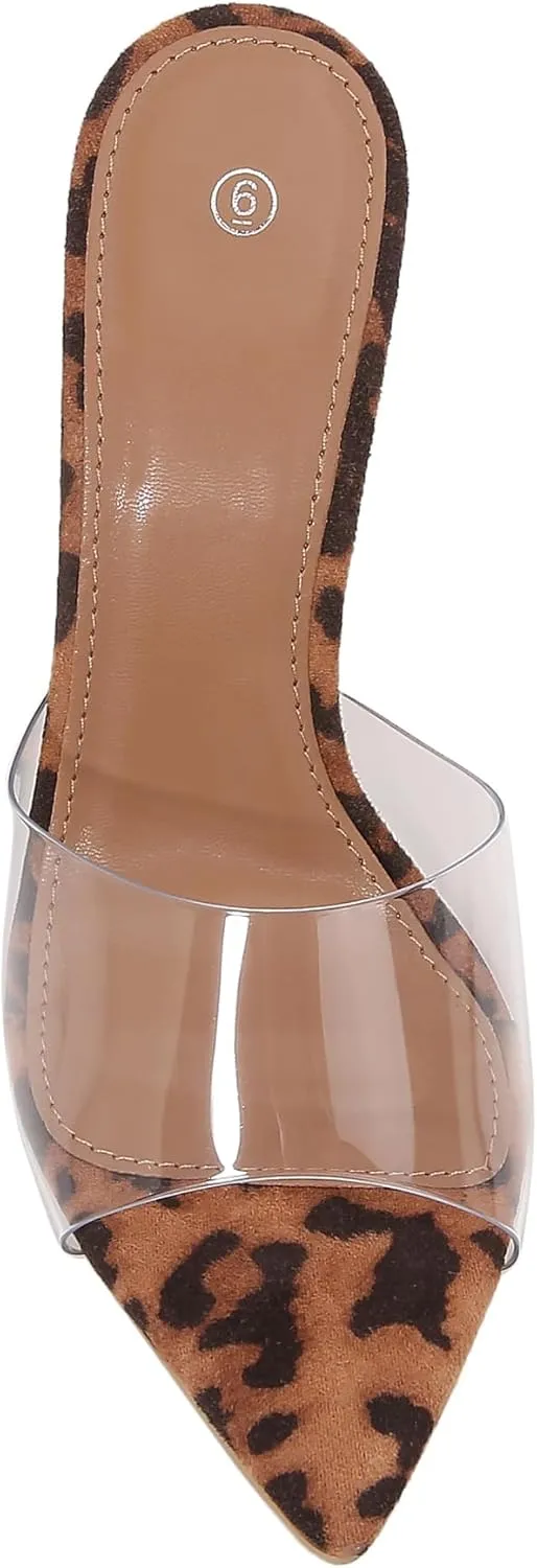 Women Clear Pointed Toe Sandals Stiletto Heels Transparent Strap High Heels Slip on Mules for Women