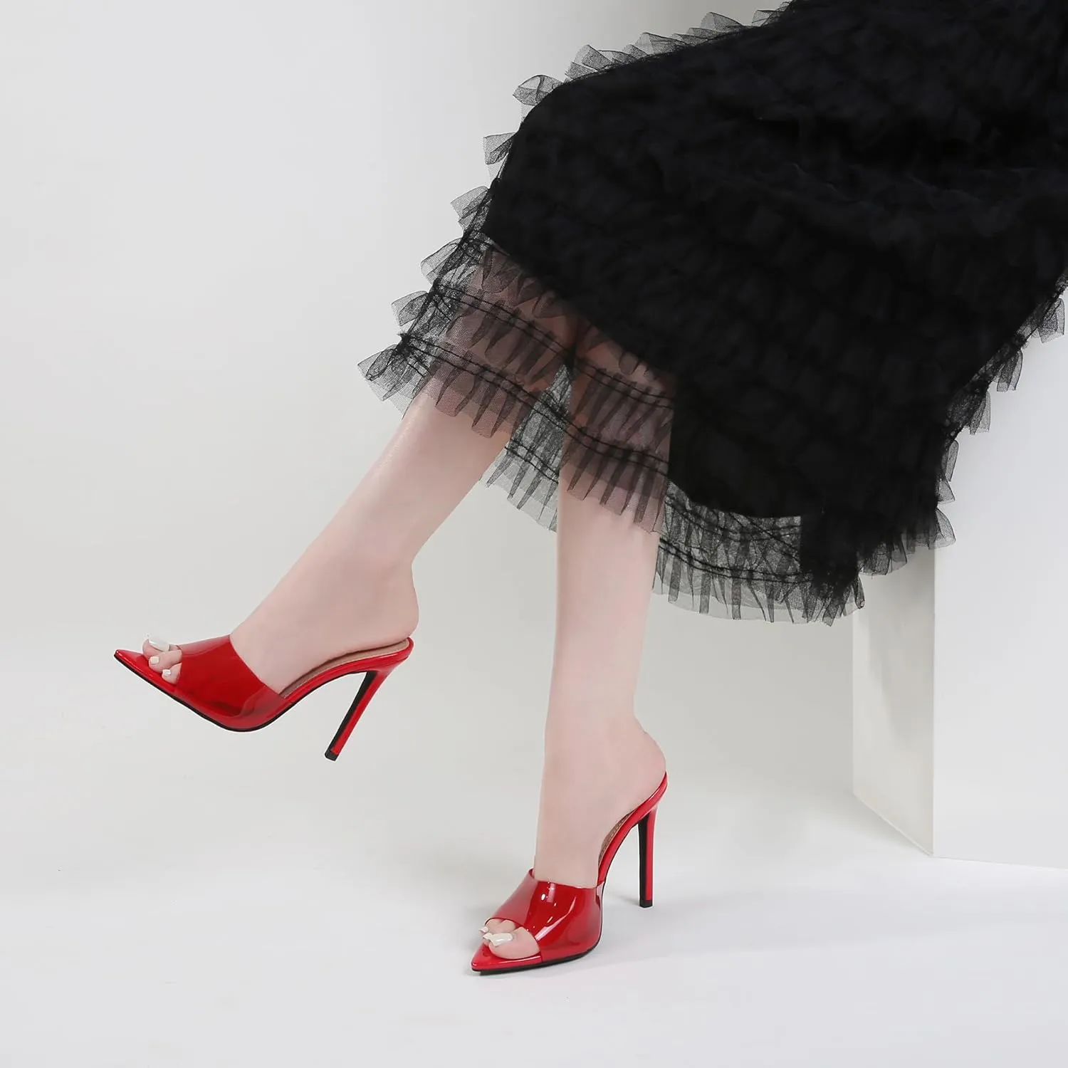 Women Clear Pointed Toe Sandals Stiletto Heels Transparent Strap High Heels Slip on Mules for Women