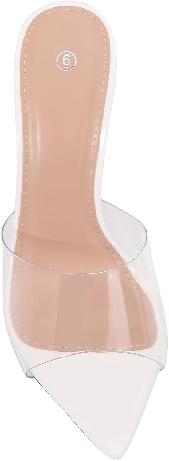 Women Clear Pointed Toe Sandals Stiletto Heels Transparent Strap High Heels Slip on Mules for Women