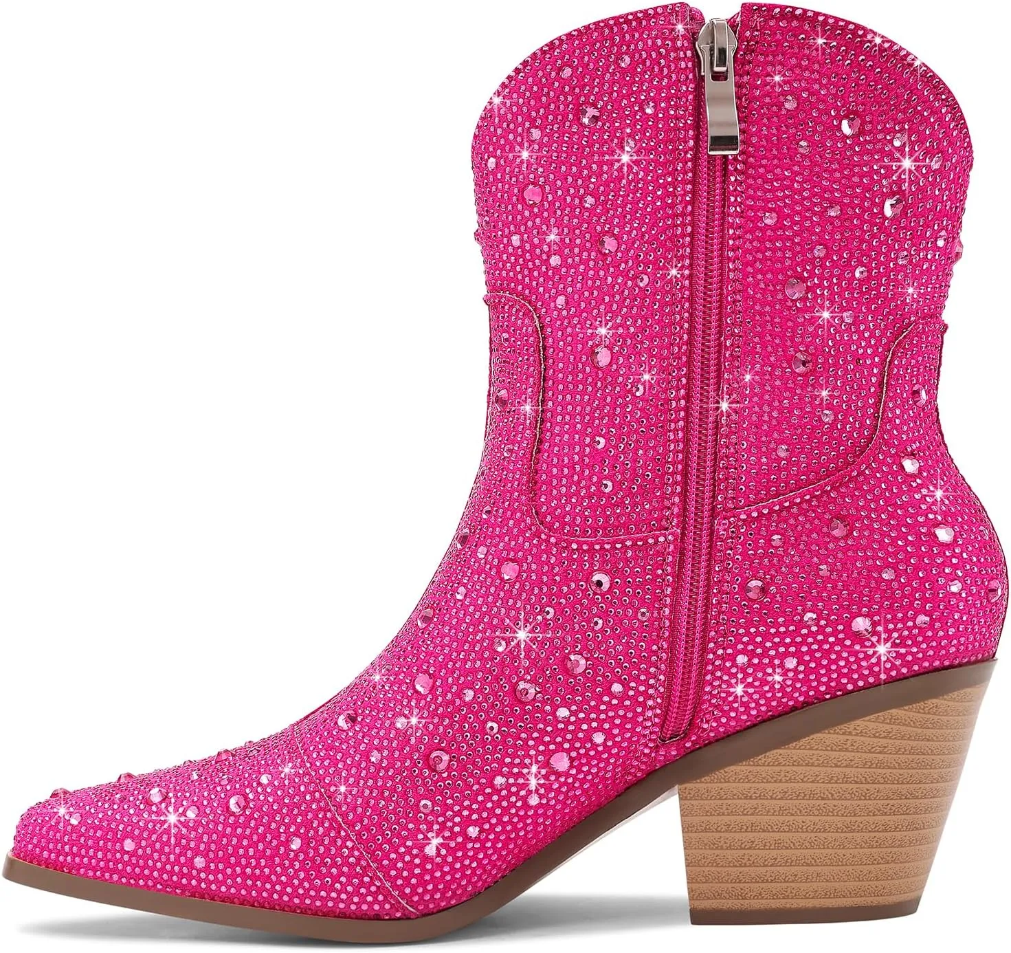 Women Cowboy Boots Cowgirl Rhinestone Mid Calf Western Boots Sparkly Glitter Boots Bling Pointed Toe Chunky Heel Pull On