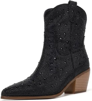 Women Cowboy Boots Cowgirl Rhinestone Mid Calf Western Boots Sparkly Glitter Boots Bling Pointed Toe Chunky Heel Pull On