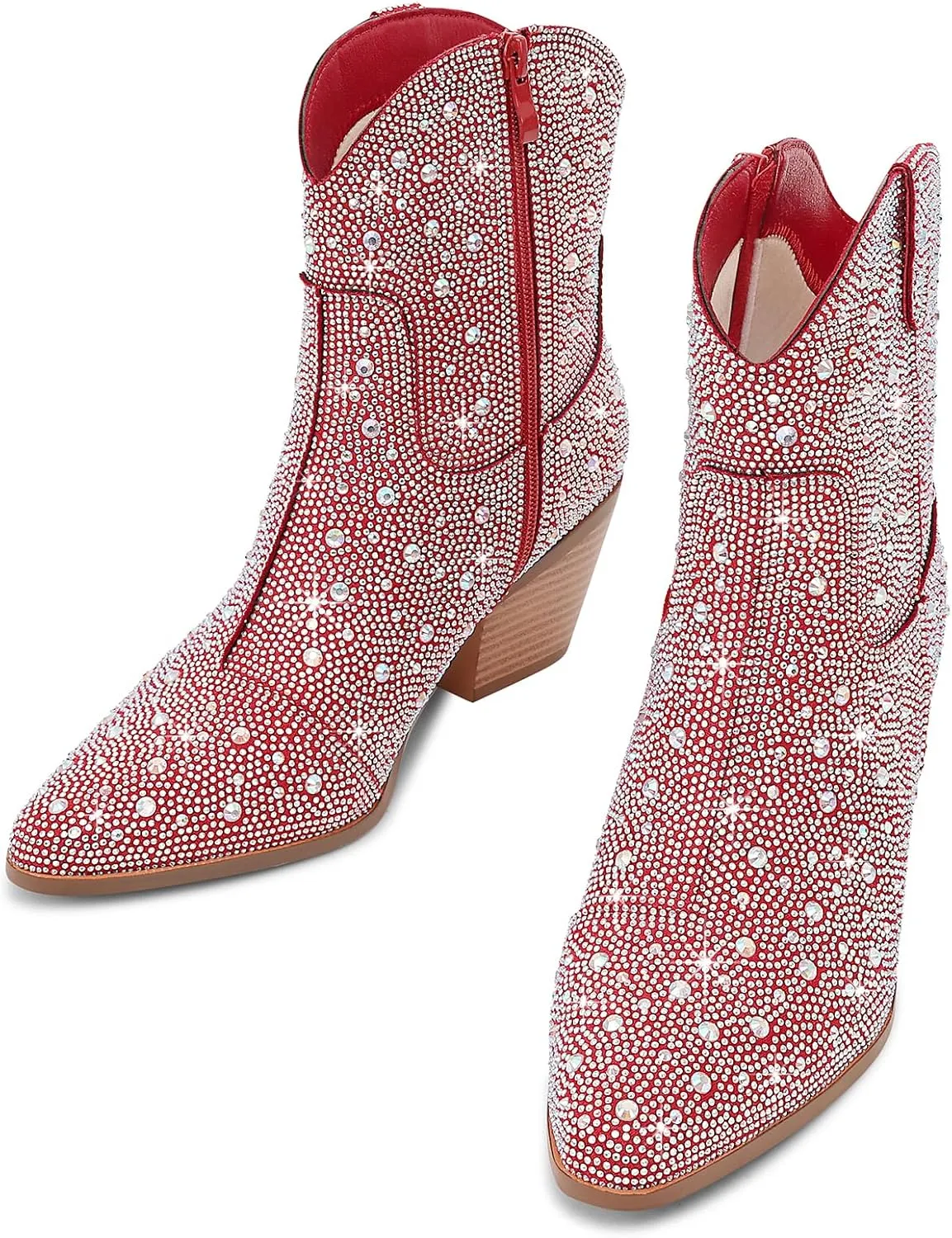 Women Cowboy Boots Cowgirl Rhinestone Mid Calf Western Boots Sparkly Glitter Boots Bling Pointed Toe Chunky Heel Pull On