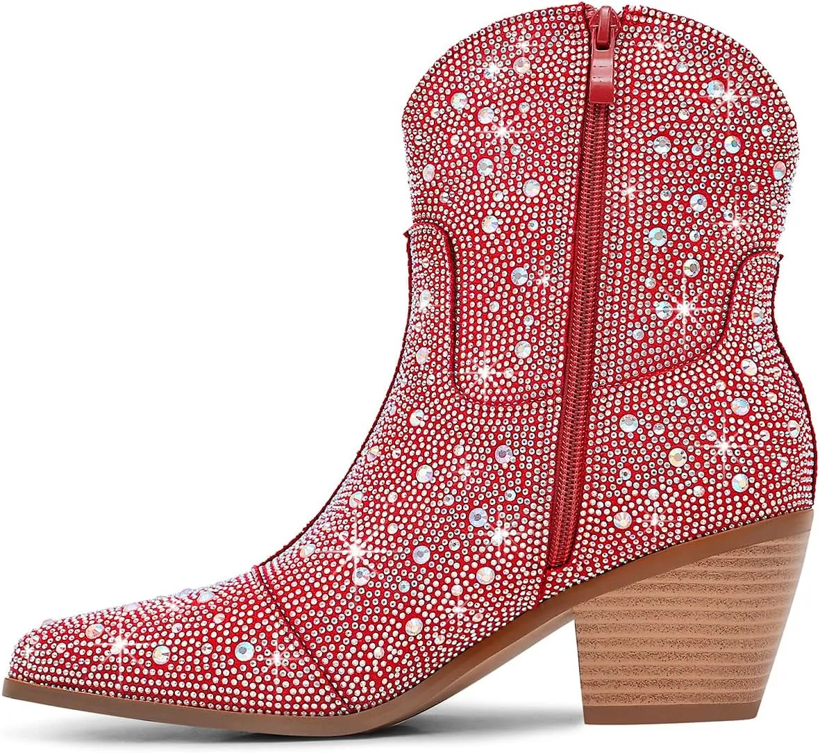 Women Cowboy Boots Cowgirl Rhinestone Mid Calf Western Boots Sparkly Glitter Boots Bling Pointed Toe Chunky Heel Pull On