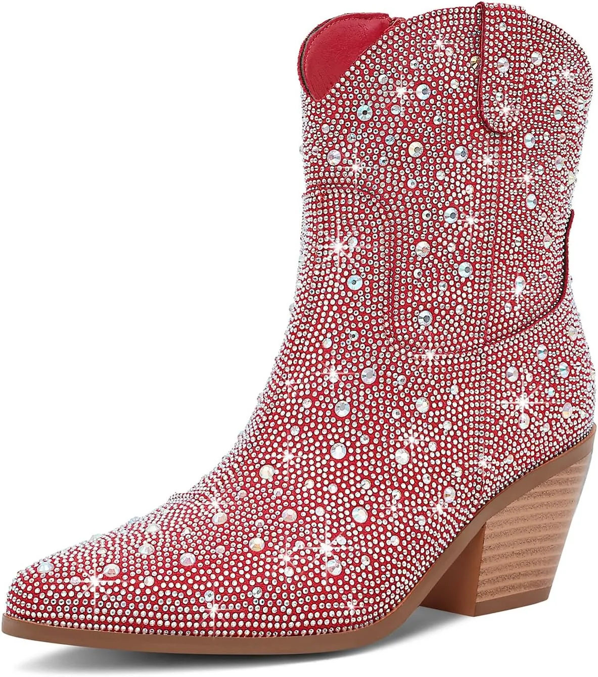 Women Cowboy Boots Cowgirl Rhinestone Mid Calf Western Boots Sparkly Glitter Boots Bling Pointed Toe Chunky Heel Pull On