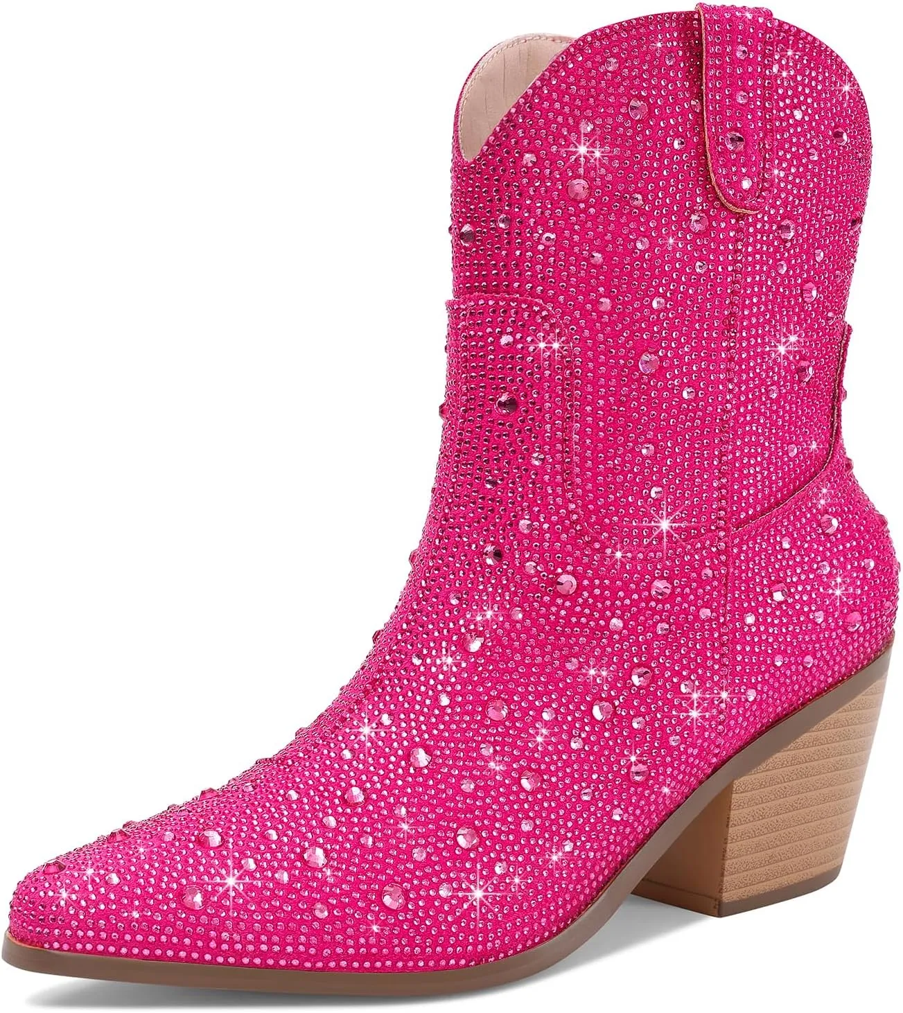 Women Cowboy Boots Cowgirl Rhinestone Mid Calf Western Boots Sparkly Glitter Boots Bling Pointed Toe Chunky Heel Pull On