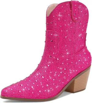 Women Cowboy Boots Cowgirl Rhinestone Mid Calf Western Boots Sparkly Glitter Boots Bling Pointed Toe Chunky Heel Pull On