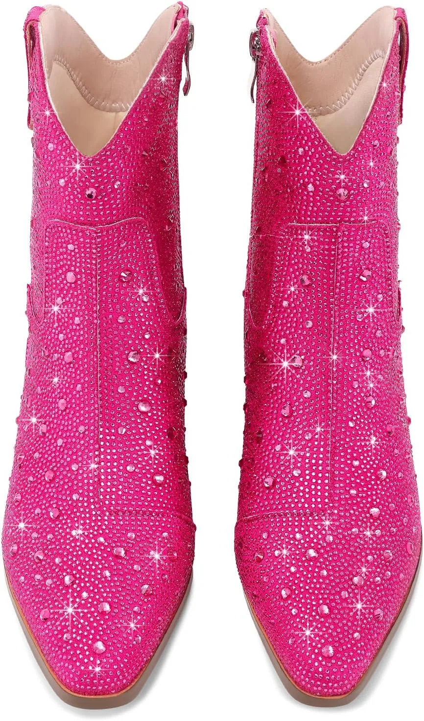 Women Cowboy Boots Cowgirl Rhinestone Mid Calf Western Boots Sparkly Glitter Boots Bling Pointed Toe Chunky Heel Pull On